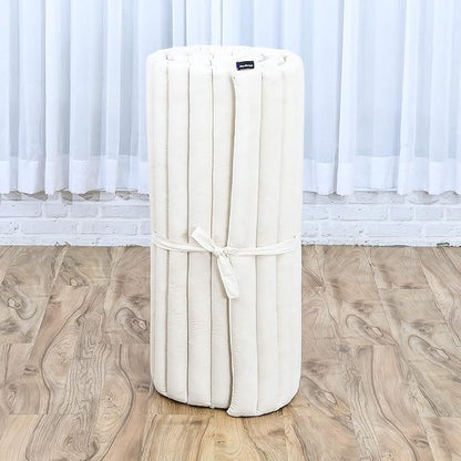 Leewadee - Foldable Floor Mattress - Japanese Roll Up Futon -Trifold Tatami Mat- Guest Floor Bed - Camping Mattress - Thai Massage Mat, Kapok Filled, 75 x 28 inches, Ecru