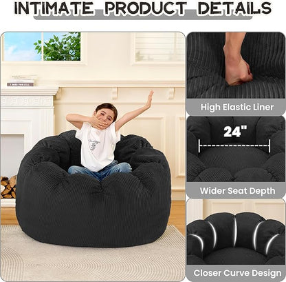 HABUTWAY Giant Bean Bag Chair for Adults/Kids/Teens, Pumpkin Bean Bag Couch Comfy Reading Chair for Bedroom, Corduroy Lazy Sofa Loughe Chair with Wider Seat Depth & Non-Slip Bottom (Black)