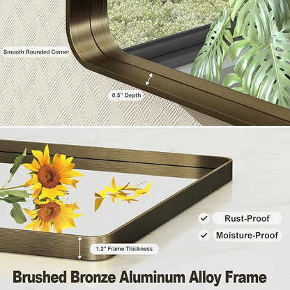 40x30 Bronze Framed Bathroom Mirror, Brushed Bronze Metal Vanity Mirror, Bronze Rectangle Mirror for Wall, Rounded Corner, Tempered Glass, Anti-Rust, Shatterproof (Horizontal/Vertical)