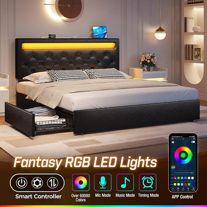 Rolanstar Full Size Bed Frame with 4 Storage Drawers and Charging Station, Full Bed with Led Lights, 2 USB & 1 Type C, Adjustable Headboard 38.9/40.8 Inches, No Box Spring Needed, Black