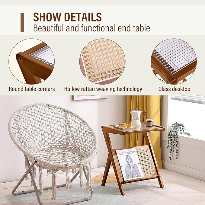 Tiita Rattan Side Table, Mid Century Nightstand, Bamboo Accent Bedside Tables, Glass Coffee Tables, Boho Wooden End Table with Storage for Small Space, Living Room and Bedroom