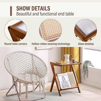 Tiita Rattan Nightstand Side Table, Bamboo Accent Bedside Tables, Glass Coffee Tables, Boho Wooden End Table with Storage for Small Space, Living Room and Bedroom