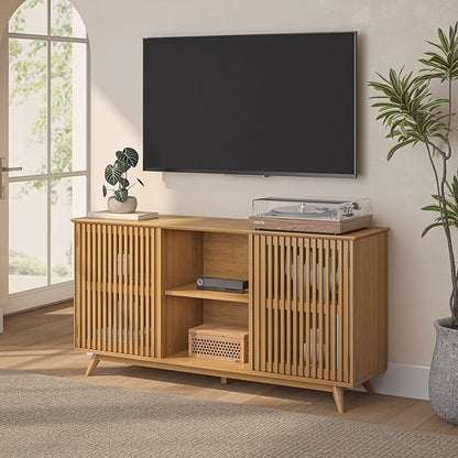Plank+Beam Mid-Century Modern Wood TV Stand, Solid Wood Entertainment Console with Storage, 59" L x 16" W x 30" H, Pecan