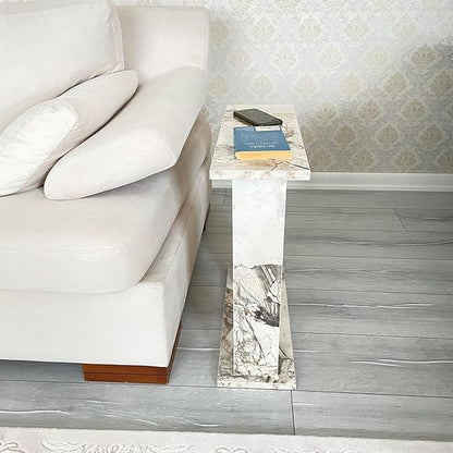 Very Narrow Side Table for Living Room, Small Apartment Space Between Chairs Skinny Table for Recliner, Couch, Armchair, Thin Slim End Table for Living Room, Bedroom, Beverages (White Marble)