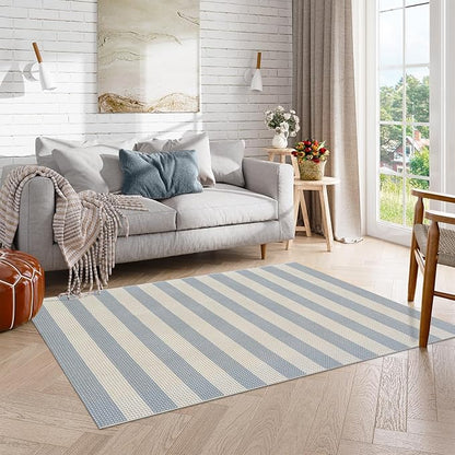 OJIA Washable Area Rugs 4'x6', Striped Outdoor Rug Cotton Woven Entryway Rugs Indoor Patio Rugs Carpet Large Area Rugs for Bedroom/Porch/Deck/Backyard/Camping/Living Room (Blue/White/Tan)