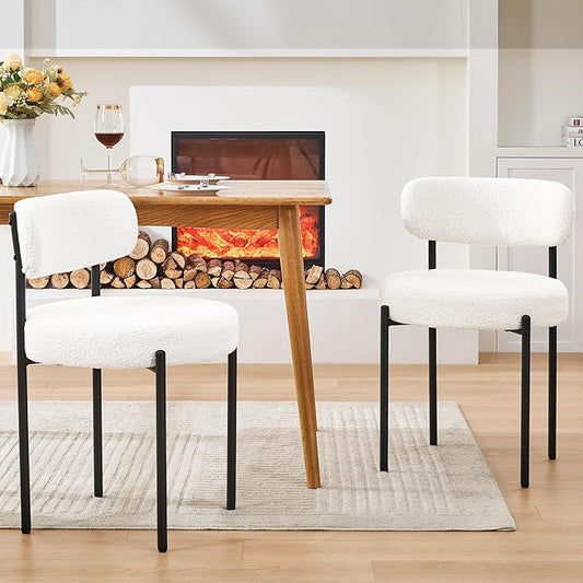 Dining Chairs Set of 2, White Boucle Dining Chair, Curved Backrest Upholstered Dining Room Chairs with Black Metal Legs, Mid Century Modern Dining Chairs for Kitchen, Living Room, White