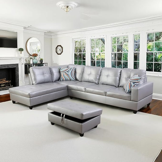 NicBex Sectional Couch 3 Pieces Sofa Set with Right Chaise Synthetic Leather L Shaped Cloud Couch for Living Room Furniture Sets with Storage Ottoman, Modular Sofa for Living Room & Apartment, Silver