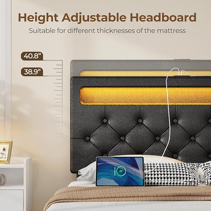 Rolanstar Queen Bed Frame with 4 Storage Drawers and Charging Station, Queen Bed with Led Lights, 2 USB & 1 Type C, Adjustable Headboard 38.9/40.8 Inches, No Box Spring Needed, Black