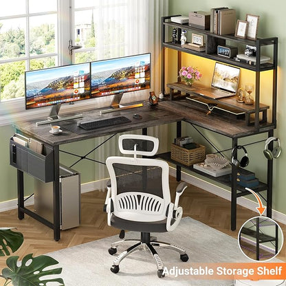 Aheaplus L Shaped Gaming Desk with Power Outlets & LED Lights, Small L- Shaped Desk Computer Corner Desk with Monitor Stand & Storage Shelf, Home Office Desk Writing Desk with Storage Bag, Grey Oak