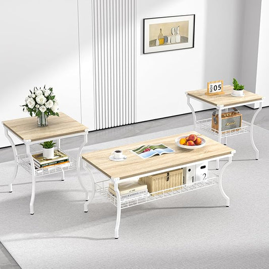 VECELO 3 Pieces Living Room Table Sets, Coffee and End Tables with Open Storage Shelves for Apartment, Home Office, Small Space, Easy Assembly, White Oak