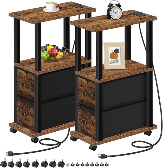 TUTOTAK Small Narrow End Tables, Side Tables with 2 Fabric Drawers, Set of 2, Bedside Tables with Charging Station for Small Spaces, Slim Nightstands with USB Ports and Wheels, TB01BB053C
