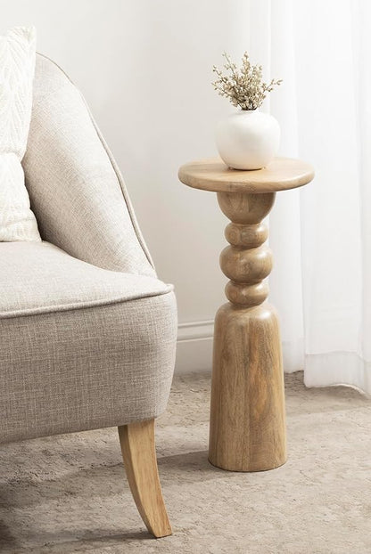 Kate and Laurel Tirollo Modern Round Drink Table; 10 x 10 x 22; Natural Wood; Living Room Accent Pedestal Table with Turned Base for Use as Indoor Plant Stand