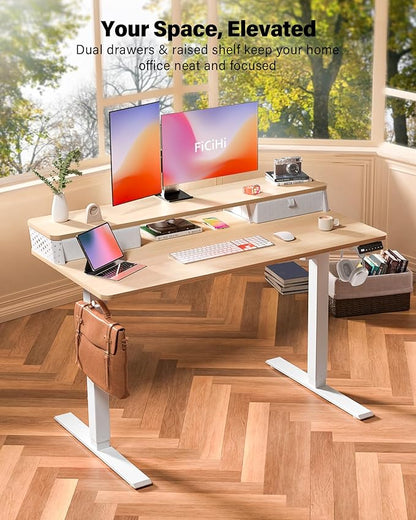 55x24 Inch Standing Desk with Double Drawers, C-Clamp Mount Compatible, Electric Adjustable Height Computer Stand Up Desks, Home Office Sit Stand Table with 3 Preset Heights & 2 Hooks, Natural