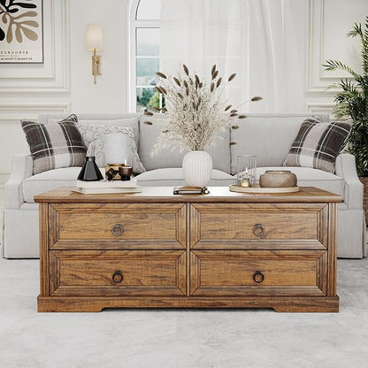Rustic Coffee Table with Drawers 47 inch Living Room Tables with Storage, Wooden Center Table for Reading Playing Room Home Accent Table for Dining Room Apartment, Walnut