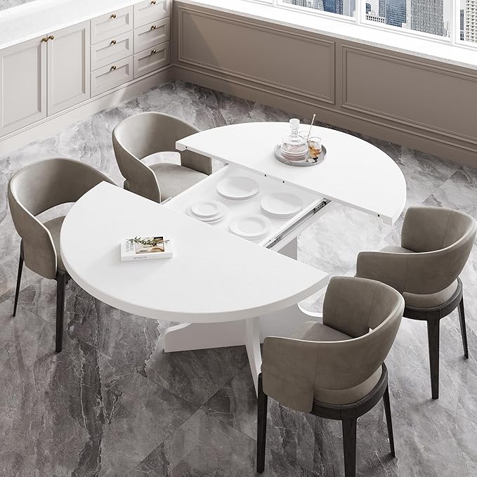 Feonase 59" Round Extendable Dining Room Table for 6, Modern Oval Kitchen Table with Heavy Duty Wood Base, for Kitchen Dining Living Room, Easy Assembly, Noise-Free, White