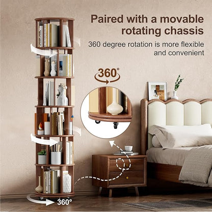 KEIKI 360° Spinning Revolving Bookcase, Solid Wood 6 Tier Rotating Bookshelf with Storage, Narrow Tall Book Rack & Art Deco Bookshelf Organizer, Walnut
