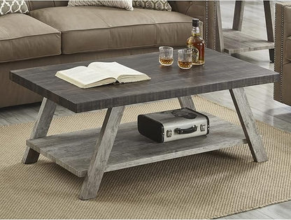 Roundhill Furniture Athens Contemporary Wood Shelf Coffee Table, Weathered Walnut and Gray