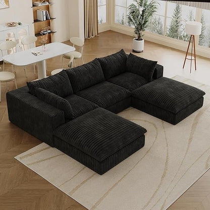 Down Filled Boneless Sectional Sofa Cloud Couch with Movable Ottomans, 118 inch Convertible U Shaped Lounge Couch w/Deep Seat, Fluffy Corduroy Upholstered Compress Modular Sofa