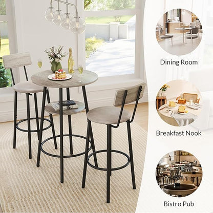3 Pieces Round Bar Table Set, Small Dining Table for 2, Breakfast Table with Storage, Modern Kitchen Bar Table, 2 Upholstered Stools with Backrest for Kitchen, Dining Room & Bistro-Grey