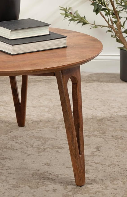 Kate and Laurel Kershaw Mid-Century Modern Round Coffee Table, 30 x 30 x 19, Walnut Brown, Transitional Circle Living Room Table with Solid Mango Wood Construction and Tapered Hairpin Legs