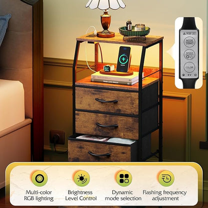 WLIVE 4 Drawer Dresser for Bedroom, 37" H Nightstand with Charging Station and Led Light, Tall Night Stand Bed Side Table, End Table with USB Ports and Outlets, Fabric Bins, Wood Shelf, Rustic Brown
