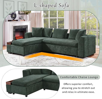Merax 93.7" L-Shaped Sectional Sofa with Wooden Storage Compartment, Chenille Upholstered Deep Seating Sleeper Couch & Chaise Lounge and Throw Pillows for Living Room, Green