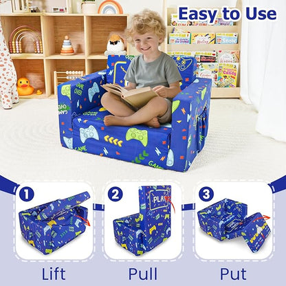 Kids Couch, 2-in-1 Kid Fold Out Couch, Convertible Kids Sofa to Lounger for Girls and Boys, Soft Toddler Chairs Comfy 1-3 Years Old(Gamepad)