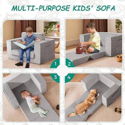 Kids Couch, 2-in-1 Toddler Chair Comfy 1-3 Years Old, Convertible Kids Chair, Toddler Couch That Fold Out, Kid Lounge Chairs for Boys and Girls, Soft Coral Fleece, Grey