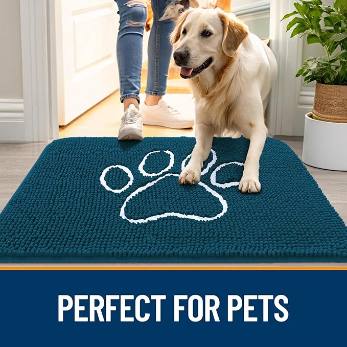 OLANLY Door Mat for Muddy Dog Paws 59x35, Absorbent Chenille Mud Doormat with Paw Print Design, Non-Slip Washable Doormat for Indoor Entryway, Quick-Dry Pet Bed Mats for Dirty Dogs, Atlantic Blue