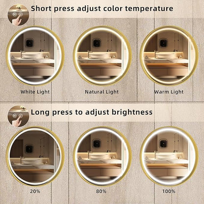 Hasipu 24 Round LED Mirror for Bathroom with Lights, Gold Circle Vanity Mirror for Wall, Metal Framed Frontlit Bathroom Mirrors Anti-Fog, Dimmable, 3 Colors Makeup Mirror Wall Mounted