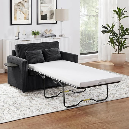 Twin Size Sofa Bed 47.2" Sleeper Sofa Loveseat Sofa with a Foldable Mattress, a Foldable Side Table, a Side Storage Pocket and Two USB Ports for Living Room, Black