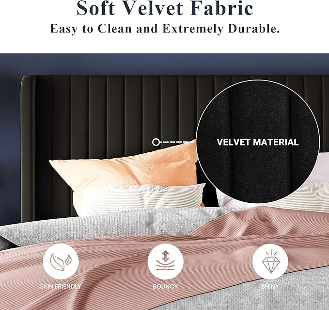 Allewie King Size Velvet Bed Frame/Vertical Channel Tufted Wingback Headboard/Upholstered Platform Bed/Strong Wooden Slats/No Box Spring Needed/Easy Assembly/Black