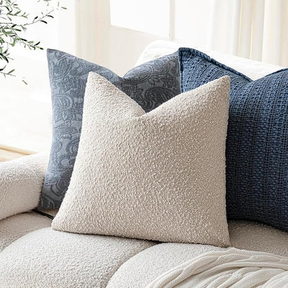 Foindtower Set of 2, Decorative Textured Boucle Throw Pillow Covers Accent Solid Pillow Cases Neutral Cozy Couch Cushion Case for Chair Sofa Bedroom Living Room Home Decor 24 x 24 Inch Ivory Beige