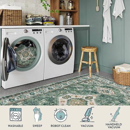 Lahome Oriental Washable Hallway Runner Rug, 2x6 Runners for Hallways Non Slip Ultra-Thin, Vintage Soft Long Carpet for Kitchen Bathroom Bedroom Laundry Room, Green/Multi