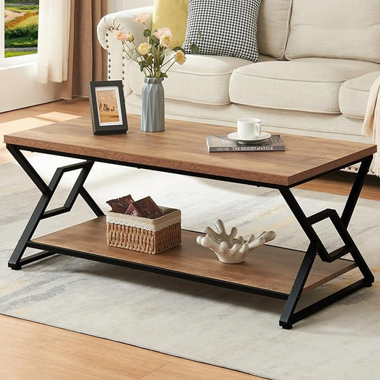 HOMISSUE Coffee Table, Rustic Rectangle Coffee Table with 2-Tier Storage, Engineered Wood Center Table with Open Shelves, Minimalist Coffee Table for Living Room, 47 Inch, Oak Brown