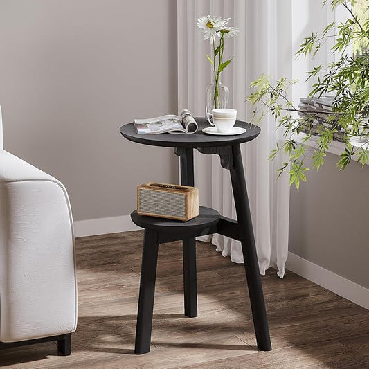 ChooChoo Round End Table for Small Spaces, Narrow Side Table, Accent Table Night Stand with 2 Tier Shelf for Bedroom and Living Room, Black
