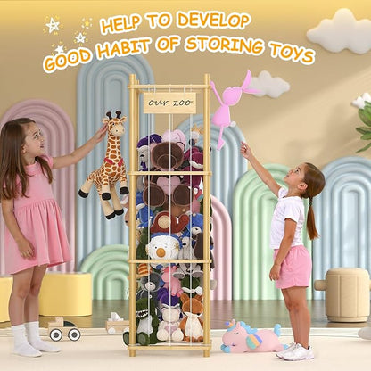 Bamboo Stuffed Animal Storage Zoo, Large Capacity Plush Toy Cage, Wood Stuffed Animals Holder for Toddler Room, Playroom, Bedroom