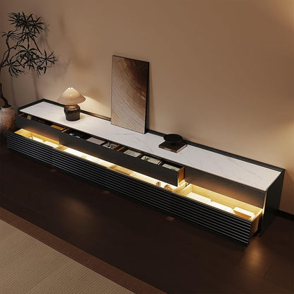 POVISON Fully-Assembled Mid Century Glossy Sintered Stone TV Stand, 118.11" Wood Media Console with Adjustable LED Light, Entertainment Center with Storage for Living Room(Black)