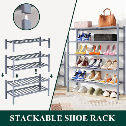 Smiry Shoe Rack, 3 Tier Bamboo Shoe Organizer, Stackable Free Standing Wooden Shoe Storage Shelf for Closet, Entryway, Front Door Entrance, Grey