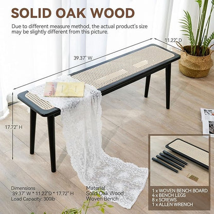 Entryway Bench, Solid Wood Kitchen Dining Bench, Mid Century Modern End of Bed Bench with Rattan Woven Top for Bedroom, Dining Room, Entry Way, 39.4" L x 11.2" W x 17.7" H, Black