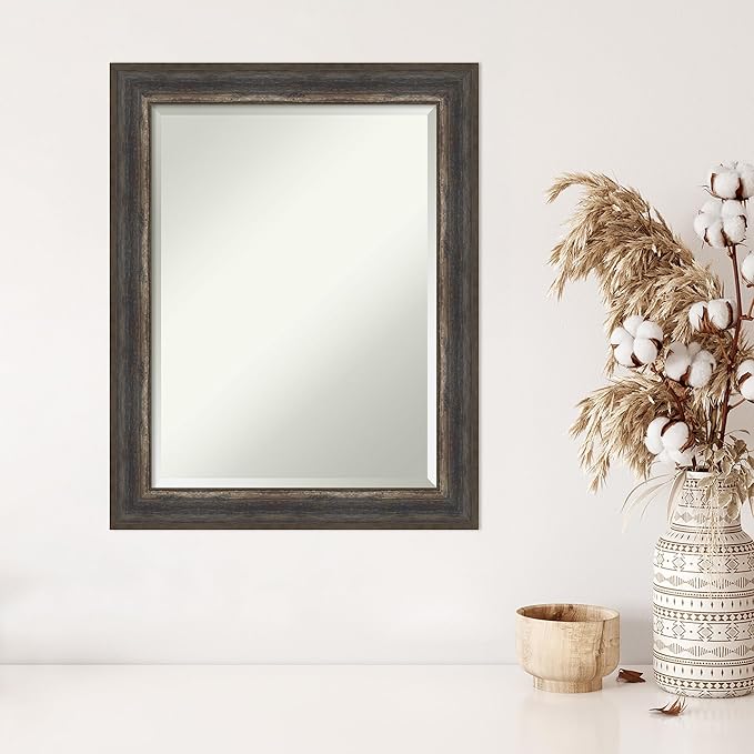 Amanti Art Brown Wall Mirror 29x23 Alta Rustic Char Rectangle Bathroom Mirror for Wall Decor Living Room, Medium Rustic Farmhouse Frame, Hangs Horizonally and Vertically, Bathroom Decor, Beveled Edge