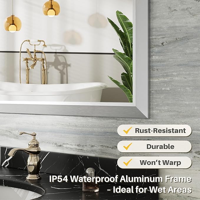 22x30 Inch Silver Bathroom Mirror for Wall, Thick Metal Framed Rectangle Mirrors for Over Sink, Bedroom, Living Room, Entryway, Anti-Rust, HD Tempered Glass
