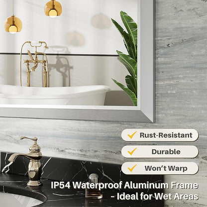 22x30 Inch Silver Bathroom Mirror for Wall, Thick Metal Framed Rectangle Mirrors for Over Sink, Bedroom, Living Room, Entryway, Anti-Rust, HD Tempered Glass