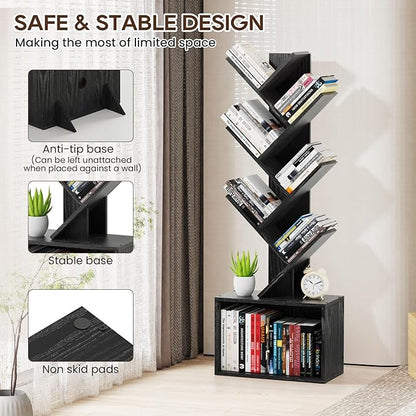 6 Tier Tree Bookshelf, Sturdy Retro Floor Standing Wood Bookcase, Storage Rack for Home Office, Living Room, Bedroom, Reading Spot, Heavy Book Organizer Shelves for CDs/DVDs/Movies, Black