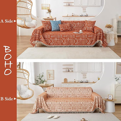 HANDONTIME Boho Aztec Sofa Slipcovers for Sofa/Couch Farmhouse Geometric Couch Protector for Dogs with Tassel Brick Orange Dog Couch Cover Sectional Sofa Cover Bohemian Decor for Sofa, 71" X118"