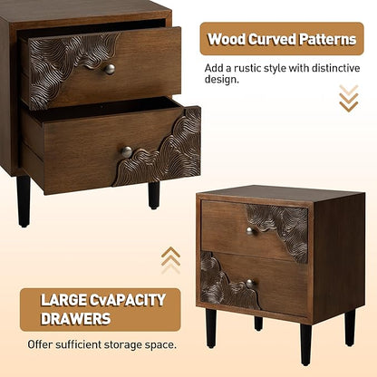 COSIEST Nightstand Set of 2, Mid Century Modern End Table with 2 Storage Drawers, Accent Side Table, Vintage Wood Luxury Night Stand for Bedroom, Living Room, Walnut