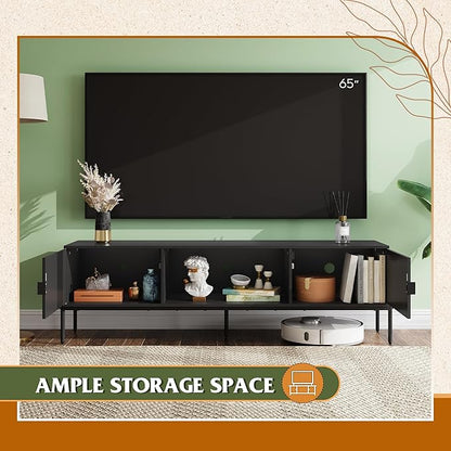 WLIVE Modern TV Stand for 65 Inch TV, Mid Century Entainment Center with Storage, TV Console with Open Shelf and 2 Cabinets for Bedroom and Living Room, TV Cabinet with Metal Legs, Black