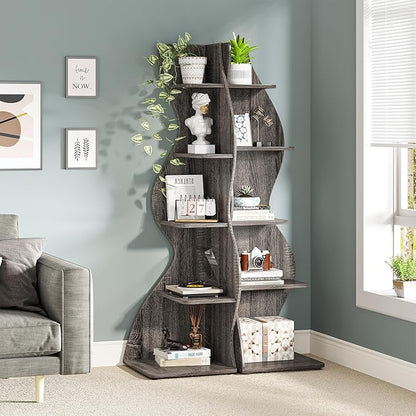 Tribesigns Corner Shelf, Modern 5-Tier Wall Corner Bookshelf, Stylish Corner Small Bookcase Storage Rack Plant Stand with Unique Shape for Living Room, Home Office, (1PC, Gray)