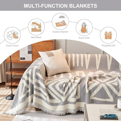 STACYPIK Boho Grey Sofa Cover Furniture Protector Couch Soft with Tassels for Kids Jacquard Triangle Couch Cover for Loveseat Cover Reversible Non Slip Sofa Cover Pets Dogs Friendly Home Decor-71X71IN