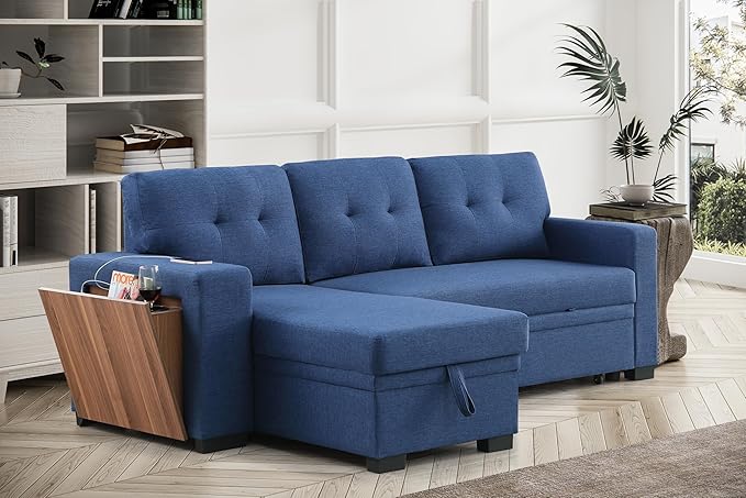 Ball & Cast L-Shape Reversible Sectional Sleeper Sofa Bed,4 in 1 Pull Out Couch with Storage Chaise USB Ports & Cup Holder,Convertible Sleeper Corner Couch Pull-Out Sofa Bed,for Living Room,Office